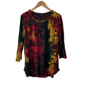 Calessa Burnout Colorful Top Tunic Womens XL 3/4 Sleeve Textured Asian Artsy
